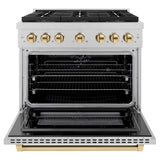 ZLINE Autograph Edition 36 in. 5.2 cu. ft. Paramount Dual Fuel Range with 6 Burner DuoPro™ Cooktop and Electric Convection Oven in Satin Stainless Steel and Polished Gold Accents (PSDRSZ-36-G) - (PSDRSZ36G) -
