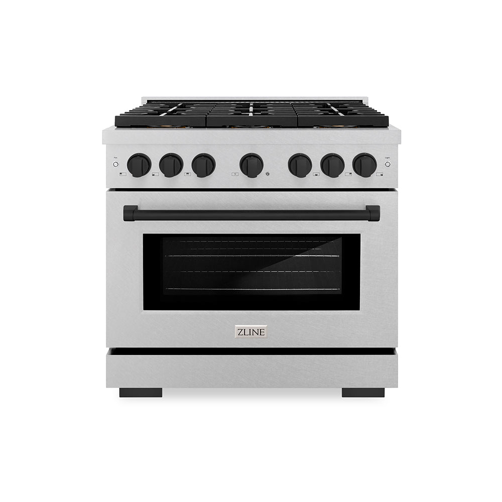 ZLINE Autograph Edition 36 in. 5.2 cu. ft. Paramount Dual Fuel Range with 6 Burner DuoPro™ Cooktop and Electric Convection Oven in Satin Stainless Steel and Matte Black Accents (PSDRSZ-36-MB) - (PSDRSZ36MB) -