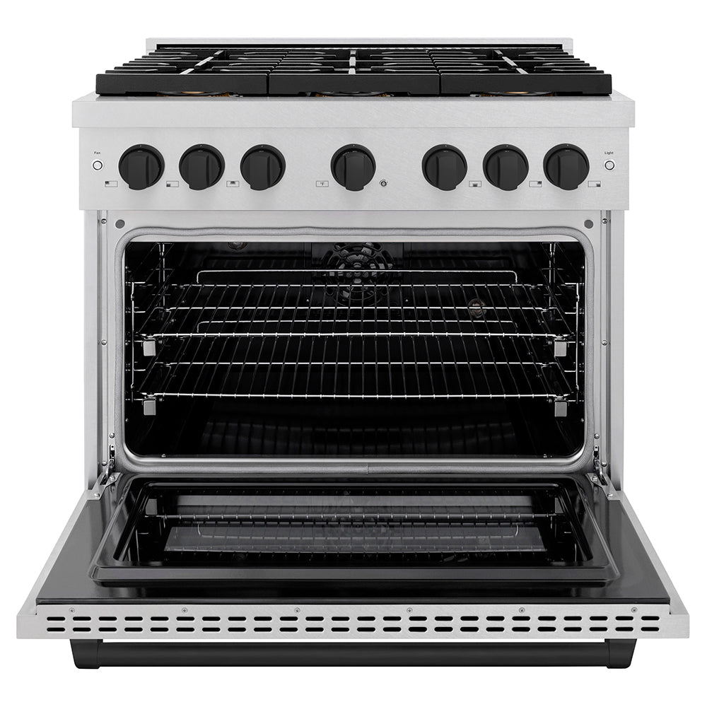ZLINE Autograph Edition 36 in. 5.2 cu. ft. Paramount Dual Fuel Range with 6 Burner DuoPro™ Cooktop and Electric Convection Oven in Satin Stainless Steel and Matte Black Accents (PSDRSZ-36-MB) - (PSDRSZ36MB) -