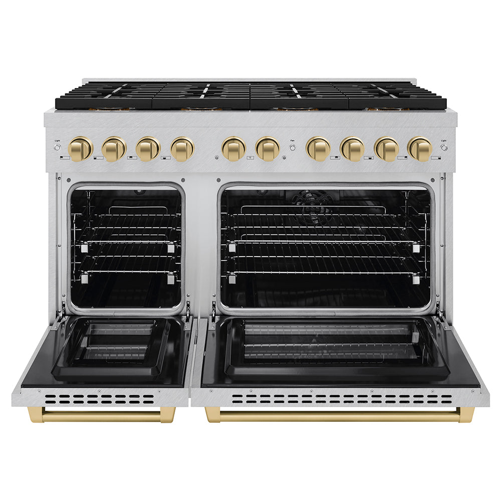 ZLINE Autograph Edition 48 in. 6.7 cu. ft. Paramount Dual Fuel Range with 8 Burner DuoPro™ Cooktop and Dual Ovens in Satin Stainless Steel and Champagne Bronze Accents (PSDRSZ-48-CB) - (PSDRSZ48CB) -
