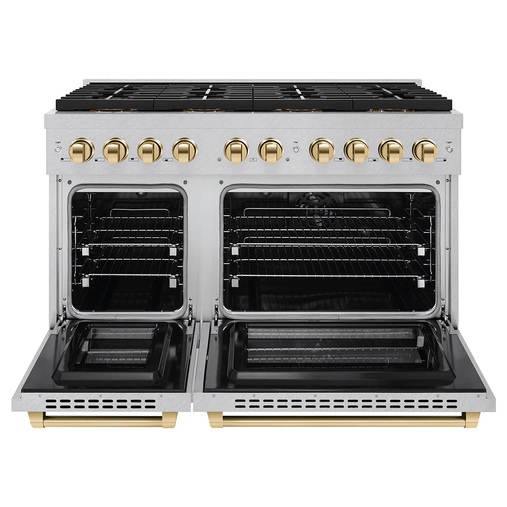ZLINE Autograph Edition 48 in. 6.7 cu. ft. Paramount Dual Fuel Range with 8 Burner DuoPro™ Cooktop and Dual Ovens in Satin Stainless Steel and Polished Gold Accents (PSDRSZ-48-G) - (PSDRSZ48G) -
