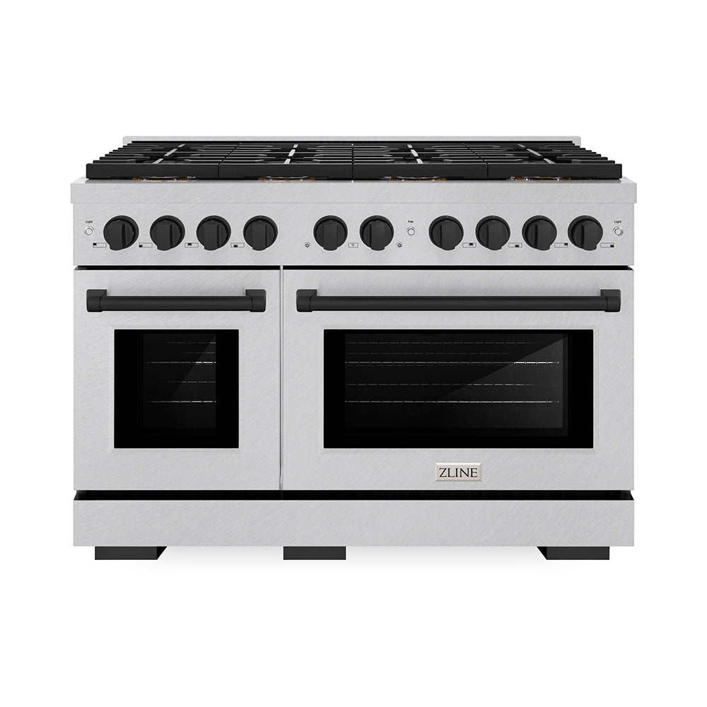 ZLINE Autograph Edition 48 in. 6.7 cu. ft. Paramount Dual Fuel Range with 8 Burner DuoPro™ Cooktop and Dual Ovens in Satin Stainless Steel and Matte Black Accents (PSDRSZ-48-MB) - (PSDRSZ48MB) -