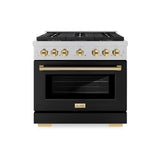 ZLINE Autograph Edition 36 in. 5.2 cu. ft. Paramount Dual Fuel Range with 6 Burner DuoPro™ Cooktop and Electric Convection Oven in Satin Stainless Steel with Black Matte Door and Polished Gold Accents (PSDRSZ-BLM36-G) - (PSDRSZBLM36G) -