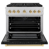 ZLINE Autograph Edition 36 in. 5.2 cu. ft. Paramount Dual Fuel Range with 6 Burner DuoPro™ Cooktop and Electric Convection Oven in Satin Stainless Steel with Black Matte Door and Polished Gold Accents (PSDRSZ-BLM36-G) - (PSDRSZBLM36G) -