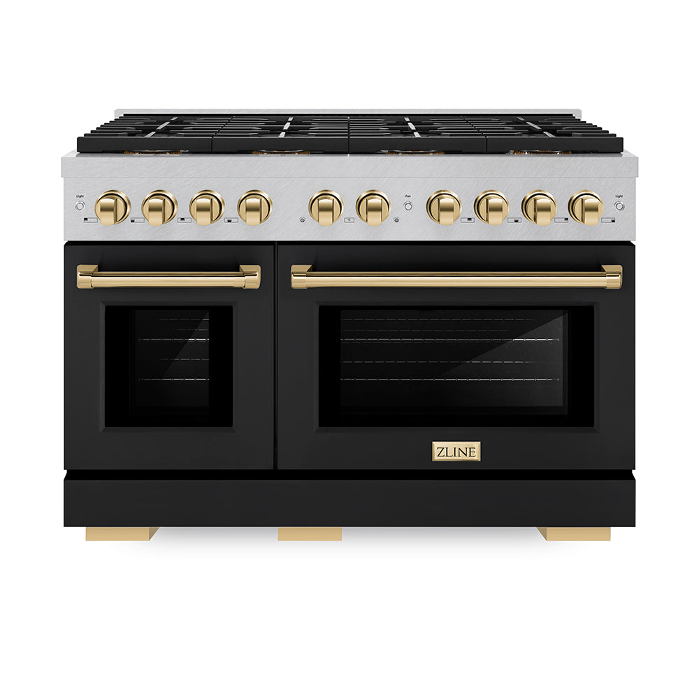 ZLINE Autograph Edition 48 in. 6.7 cu. ft. Paramount Dual Fuel Range with 8 Burner DuoPro™ Cooktop and Dual Ovens in Satin Stainless Steel with Black Matte Doors and Polished Gold Accents (PSDRSZ-BLM48-G) - (PSDRSZBLM48G) -