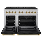 ZLINE Autograph Edition 48 in. 6.7 cu. ft. Paramount Dual Fuel Range with 8 Burner DuoPro™ Cooktop and Dual Ovens in Satin Stainless Steel with Black Matte Doors and Polished Gold Accents (PSDRSZ-BLM48-G) - (PSDRSZBLM48G) -