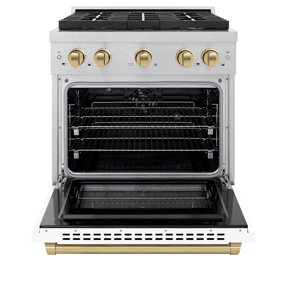 ZLINE Autograph Edition 30 in. 4.2 cu. ft. Paramount Dual Fuel Range with 4 Burner DuoPro™ Cooktop and Electric Convection Oven in Satin Stainless Steel with White Matte Door and Champagne Bronze Accents (PSDRSZ-WM-30-CB) - (PSDRSZWM30CB) -