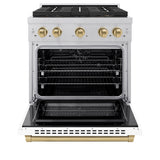 ZLINE Autograph Edition 30 in. 4.2 cu. ft. Paramount Dual Fuel Range with 4 Burner DuoPro™ Cooktop and Electric Convection Oven in Satin Stainless Steel with White Matte Door and Champagne Bronze Accents (PSDRSZ-WM-30-CB) - (PSDRSZWM30CB) -