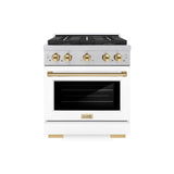 ZLINE Autograph Edition 30 in. 4.2 cu. ft. Paramount Dual Fuel Range with 4 Burner DuoPro™ Cooktop and Electric Convection Oven in Satin Stainless Steel with White Matte Door and Polished Gold Accents (PSDRSZ-WM-30-G) - (PSDRSZWM30G) -
