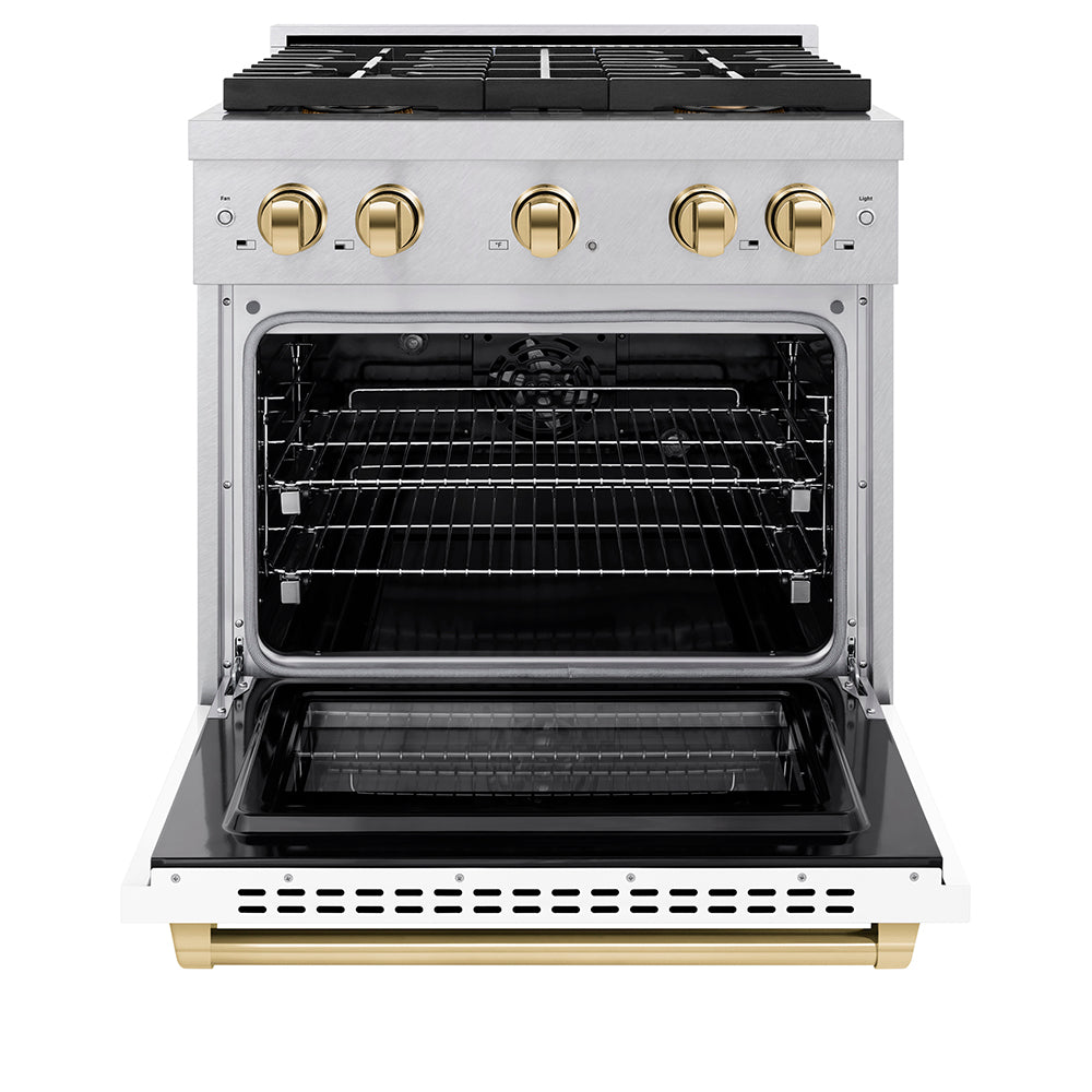 ZLINE Autograph Edition 30 in. 4.2 cu. ft. Paramount Dual Fuel Range with 4 Burner DuoPro™ Cooktop and Electric Convection Oven in Satin Stainless Steel with White Matte Door and Polished Gold Accents (PSDRSZ-WM-30-G) - (PSDRSZWM30G) -