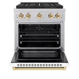 ZLINE Autograph Edition 30 in. 4.2 cu. ft. Paramount Dual Fuel Range with 4 Burner DuoPro™ Cooktop and Electric Convection Oven in Satin Stainless Steel with White Matte Door and Polished Gold Accents (PSDRSZ-WM-30-G) - (PSDRSZWM30G) -