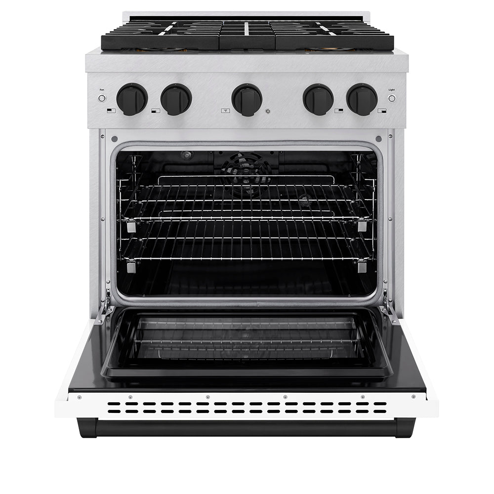 ZLINE Autograph Edition 30 in. 4.2 cu. ft. Paramount Dual Fuel Range with 4 Burner DuoPro™ Cooktop and Electric Convection Oven in Satin Stainless Steel with White Matte Door and Matte Black Accents (PSDRSZ-WM-30-MB) - (PSDRSZWM30MB) -