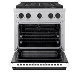 ZLINE Autograph Edition 30 in. 4.2 cu. ft. Paramount Dual Fuel Range with 4 Burner DuoPro™ Cooktop and Electric Convection Oven in Satin Stainless Steel with White Matte Door and Matte Black Accents (PSDRSZ-WM-30-MB) - (PSDRSZWM30MB) -