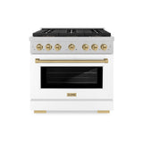 ZLINE Autograph Edition 36 in. 5.2 cu. ft. Paramount Dual Fuel Range with 6 Burner DuoPro™ Cooktop and Electric Convection Oven in Satin Stainless Steel with White Matte Door and Champagne Bronze Accents (PSDRSZ-WM-36-CB) - (PSDRSZWM36CB) -