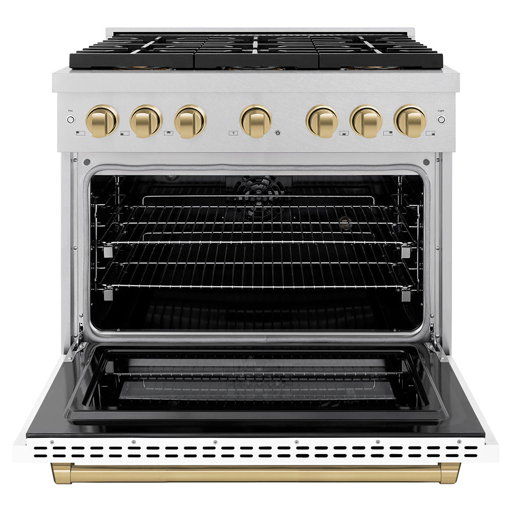 ZLINE Autograph Edition 36 in. 5.2 cu. ft. Paramount Dual Fuel Range with 6 Burner DuoPro™ Cooktop and Electric Convection Oven in Satin Stainless Steel with White Matte Door and Champagne Bronze Accents (PSDRSZ-WM-36-CB) - (PSDRSZWM36CB) -
