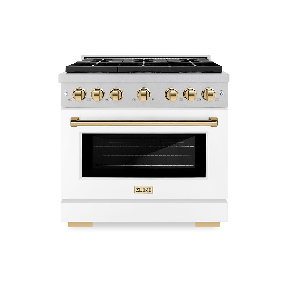 ZLINE Autograph Edition 36 in. 5.2 cu. ft. Paramount Dual Fuel Range with 6 Burner DuoPro™ Cooktop and Electric Convection Oven in Satin Stainless Steel with White Matte Door and Polished Gold Accents (PSDRSZ-WM-36-G) - (PSDRSZWM36G) -