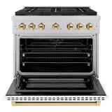 ZLINE Autograph Edition 36 in. 5.2 cu. ft. Paramount Dual Fuel Range with 6 Burner DuoPro™ Cooktop and Electric Convection Oven in Satin Stainless Steel with White Matte Door and Polished Gold Accents (PSDRSZ-WM-36-G) - (PSDRSZWM36G) -