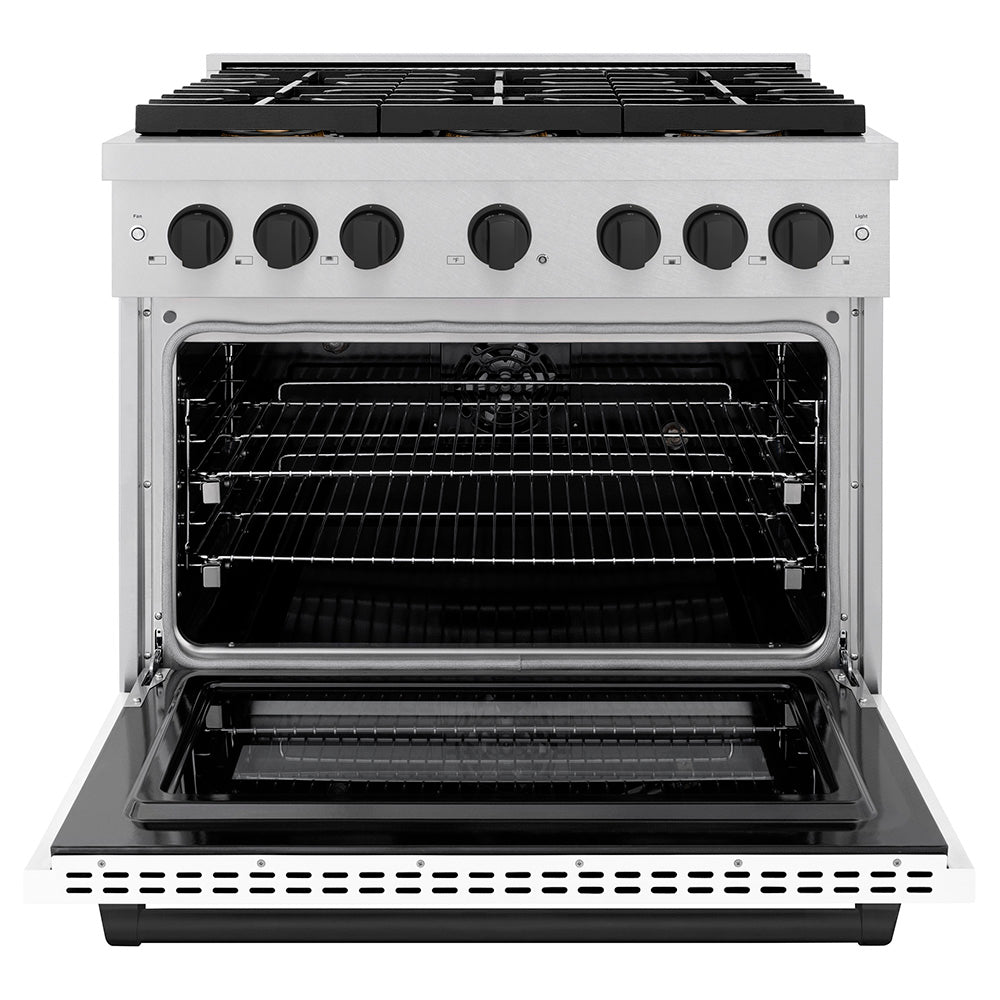 ZLINE Autograph Edition 36 in. 5.2 cu. ft. Paramount Dual Fuel Range with 6 Burner DuoPro™ Cooktop and Electric Convection Oven in Satin Stainless Steel with White Matte Door and Matte Black Accents (PSDRSZ-WM-36-MB) - (PSDRSZWM36MB) -