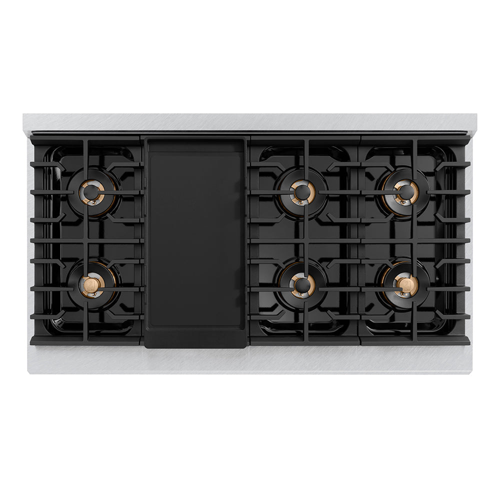 ZLINE Autograph Edition 48 in. 6.7 cu. ft. Paramount Dual Fuel Range with 8 Burner DuoPro™ Cooktop and Dual Ovens in Satin Stainless Steel with White Matte Doors and Champagne Bronze Accents (PSDRSZ-WM-48-CB) - (PSDRSZWM48CB) -