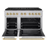 ZLINE Autograph Edition 48 in. 6.7 cu. ft. Paramount Dual Fuel Range with 8 Burner DuoPro™ Cooktop and Dual Ovens in Satin Stainless Steel with White Matte Doors and Champagne Bronze Accents (PSDRSZ-WM-48-CB) - (PSDRSZWM48CB) -