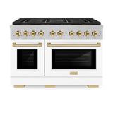 ZLINE Autograph Edition 48 in. 6.7 cu. ft. Paramount Dual Fuel Range with 8 Burner DuoPro™ Cooktop and Dual Ovens in Satin Stainless Steel with White Matte Doors and Polished Gold Accents (PSDRSZ-WM-48-G) - (PSDRSZWM48G) -
