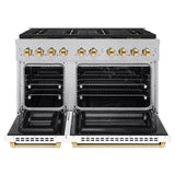 ZLINE Autograph Edition 48 in. 6.7 cu. ft. Paramount Dual Fuel Range with 8 Burner DuoPro™ Cooktop and Dual Ovens in Satin Stainless Steel with White Matte Doors and Polished Gold Accents (PSDRSZ-WM-48-G) - (PSDRSZWM48G) -