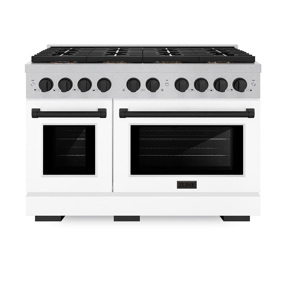 ZLINE Autograph Edition 48 in. 6.7 cu. ft. Paramount Dual Fuel Range with 8 Burner DuoPro™ Cooktop and Dual Ovens in Satin Stainless Steel with White Matte Doors and Matte Black Accents (PSDRSZ-WM-48-MB) - (PSDRSZWM48MB) -
