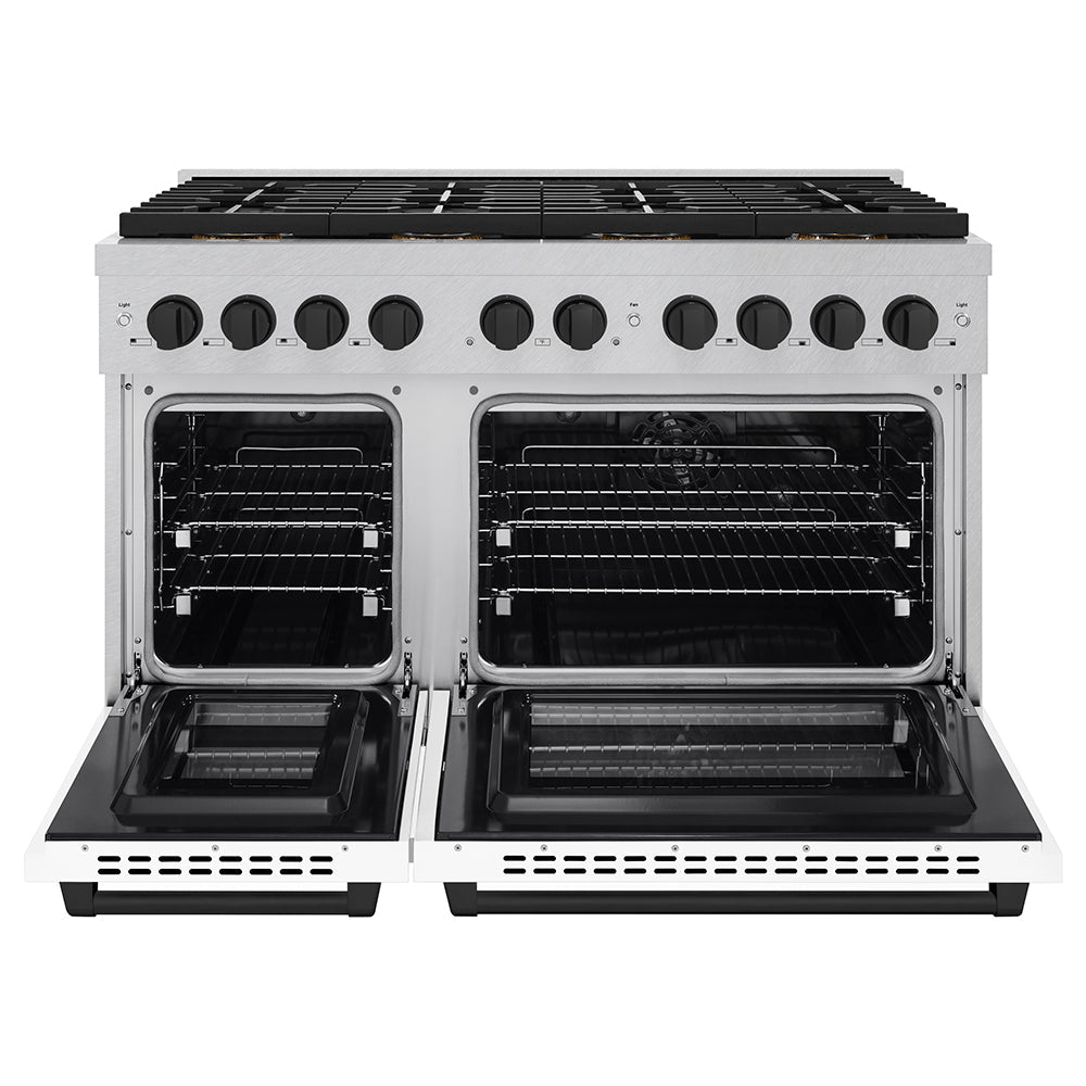 ZLINE Autograph Edition 48 in. 6.7 cu. ft. Paramount Dual Fuel Range with 8 Burner DuoPro™ Cooktop and Dual Ovens in Satin Stainless Steel with White Matte Doors and Matte Black Accents (PSDRSZ-WM-48-MB) - (PSDRSZWM48MB) -
