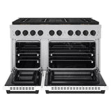 ZLINE Autograph Edition 48 in. 6.7 cu. ft. Paramount Dual Fuel Range with 8 Burner DuoPro™ Cooktop and Dual Ovens in Satin Stainless Steel with White Matte Doors and Matte Black Accents (PSDRSZ-WM-48-MB) - (PSDRSZWM48MB) -