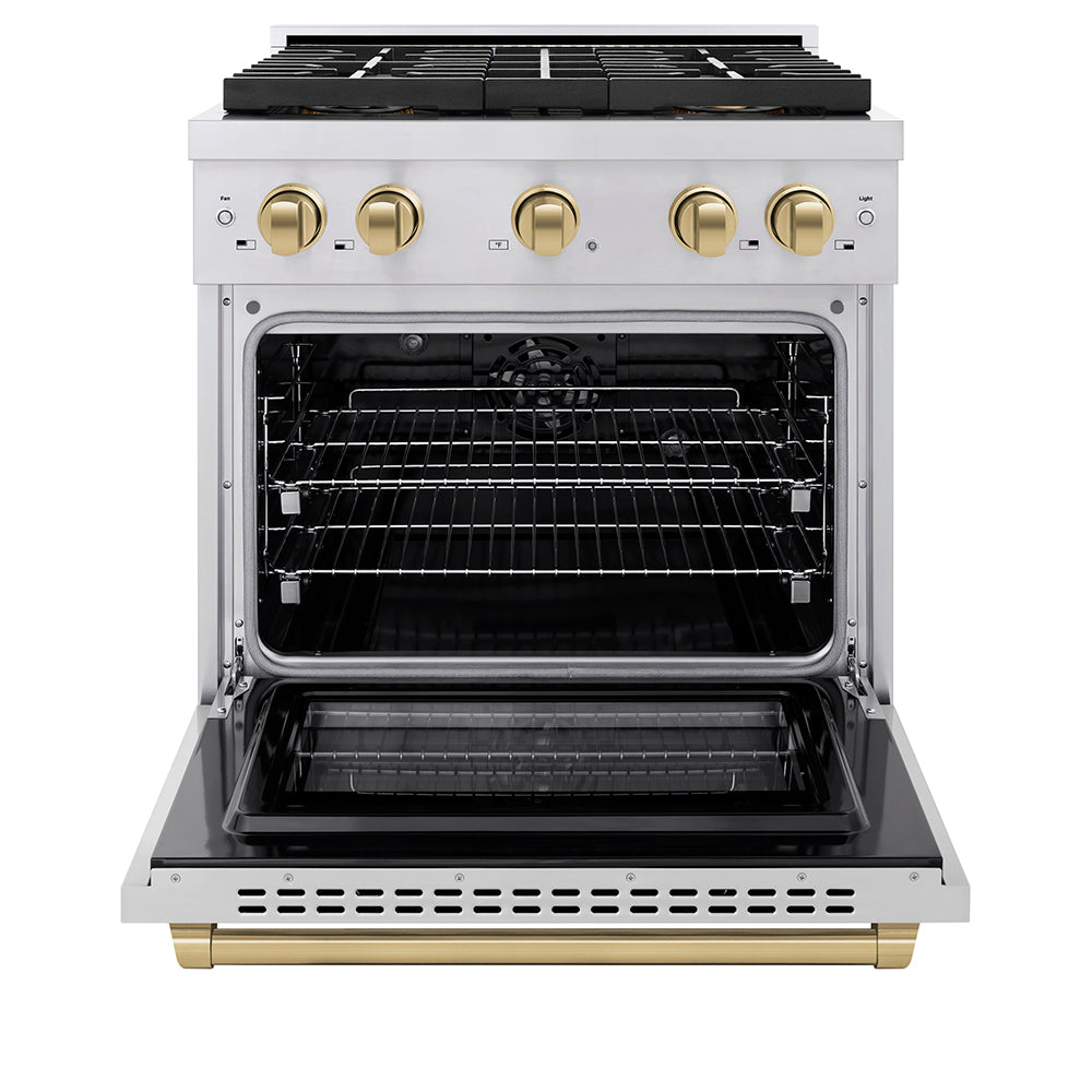 ZLINE Autograph Edition 30 in. 4.2 cu. ft. Paramount Dual Fuel Range with 4 Burner DuoPro™ Cooktop and Electric Convection Oven in Stainless Steel with Champagne Bronze Accents (PSDRZ-30-CB) - (PSDRZ30CB) -