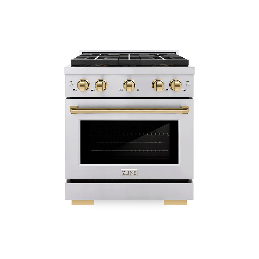 ZLINE Autograph Edition 30 in. 4.2 cu. ft. Paramount Dual Fuel Range with 4 Burner DuoPro™ Cooktop and Electric Convection Oven in Stainless Steel with Polished Gold Accents (PSDRZ-30-G) - (PSDRZ30G) -