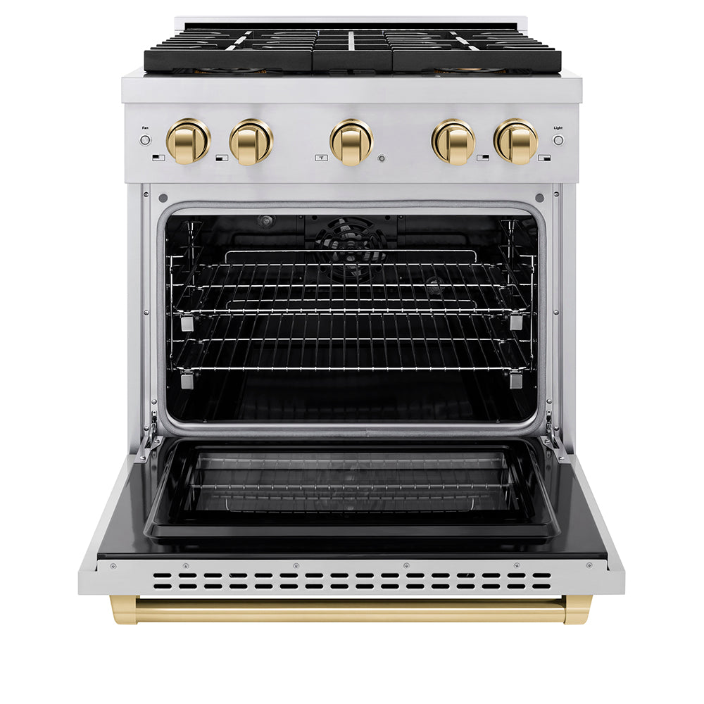 ZLINE Autograph Edition 30 in. 4.2 cu. ft. Paramount Dual Fuel Range with 4 Burner DuoPro™ Cooktop and Electric Convection Oven in Stainless Steel with Polished Gold Accents (PSDRZ-30-G) - (PSDRZ30G) -