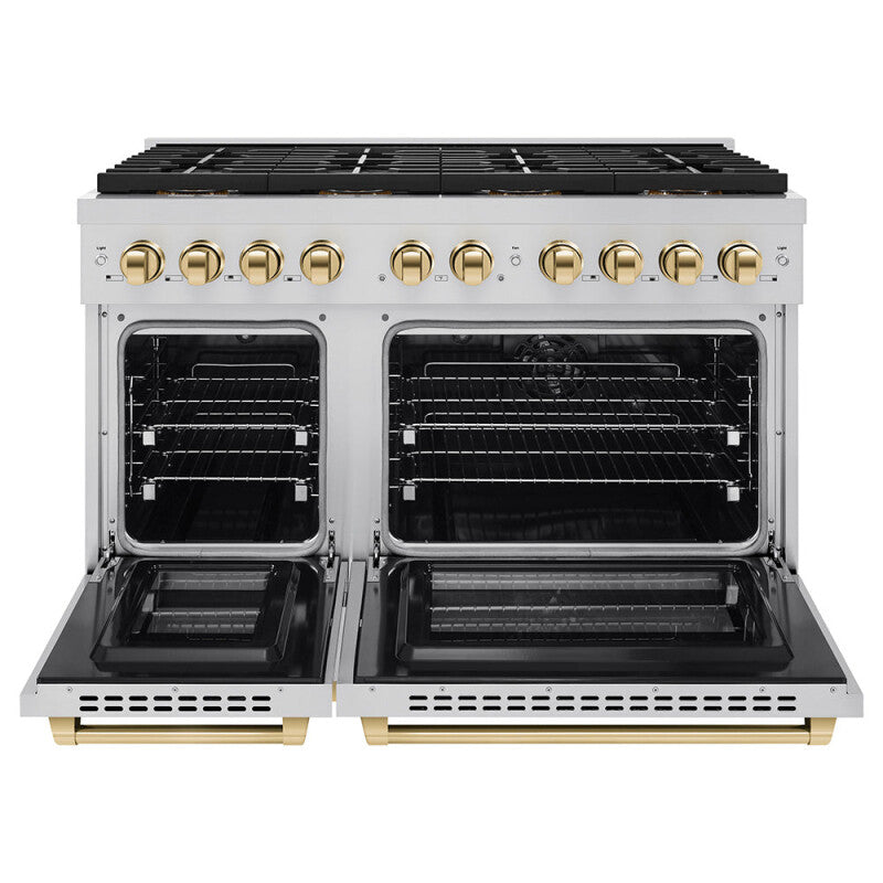 ZLINE Autograph Edition 48 in. 6.7 cu. ft. Paramount Dual Fuel Range with 8 Burner DuoPro™ Cooktop and Dual Ovens in Stainless Steel and Polished Gold Accents (PSDRZ-48-G) - (PSDRZ48G) -