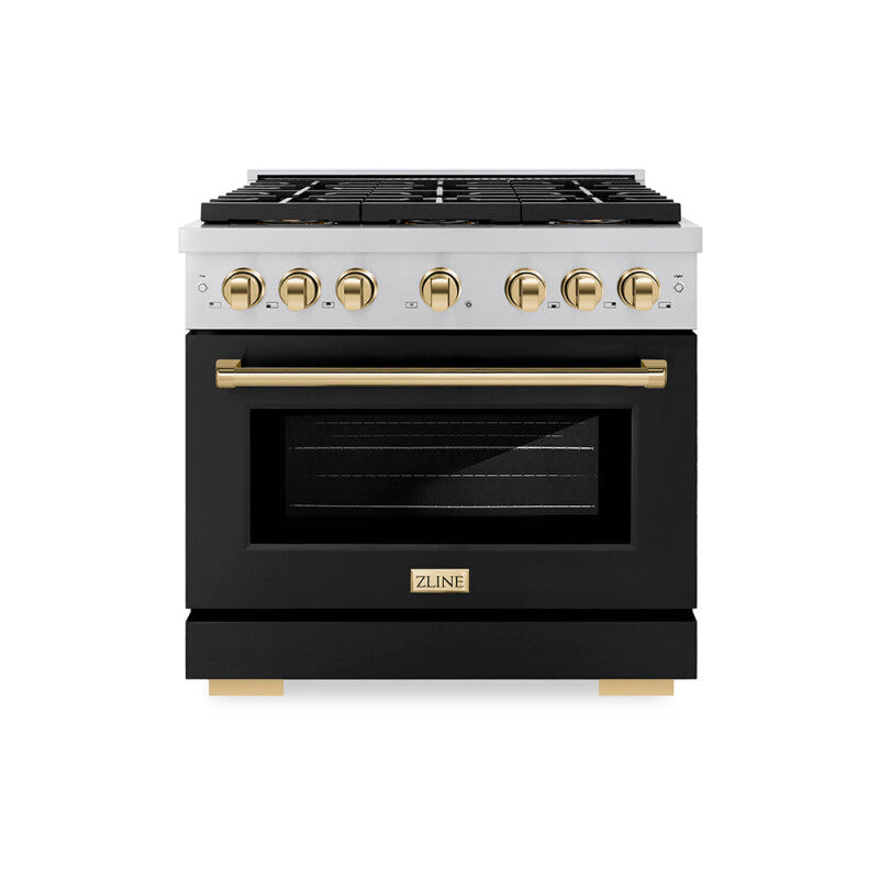 ZLINE Autograph Edition 36 in. 5.2 cu. ft. Paramount Dual Fuel Range with 6 Burner DuoPro™ Cooktop and Electric Convection Oven with Black Matte Door and Polished Gold Accents (PSDRZ-BLM-36-G) - (PSDRZBLM36G) -