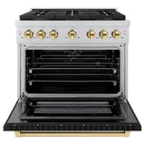 ZLINE Autograph Edition 36 in. 5.2 cu. ft. Paramount Dual Fuel Range with 6 Burner DuoPro™ Cooktop and Electric Convection Oven with Black Matte Door and Polished Gold Accents (PSDRZ-BLM-36-G) - (PSDRZBLM36G) -