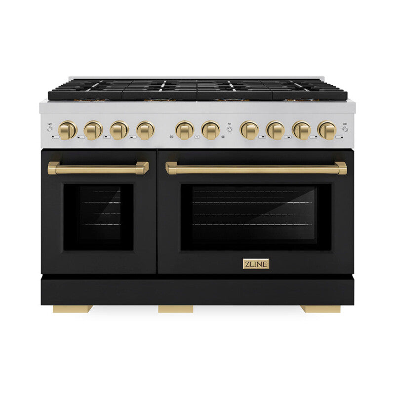ZLINE Autograph Edition 48 in. 6.7 cu. ft. Paramount Dual Fuel Range with 8 Burner DuoPro™ Cooktop and Dual Ovens with Black Matte Doors and Champagne Bronze Accents (PSDRZ-BLM-48-CB) - (PSDRZBLM48CB) -