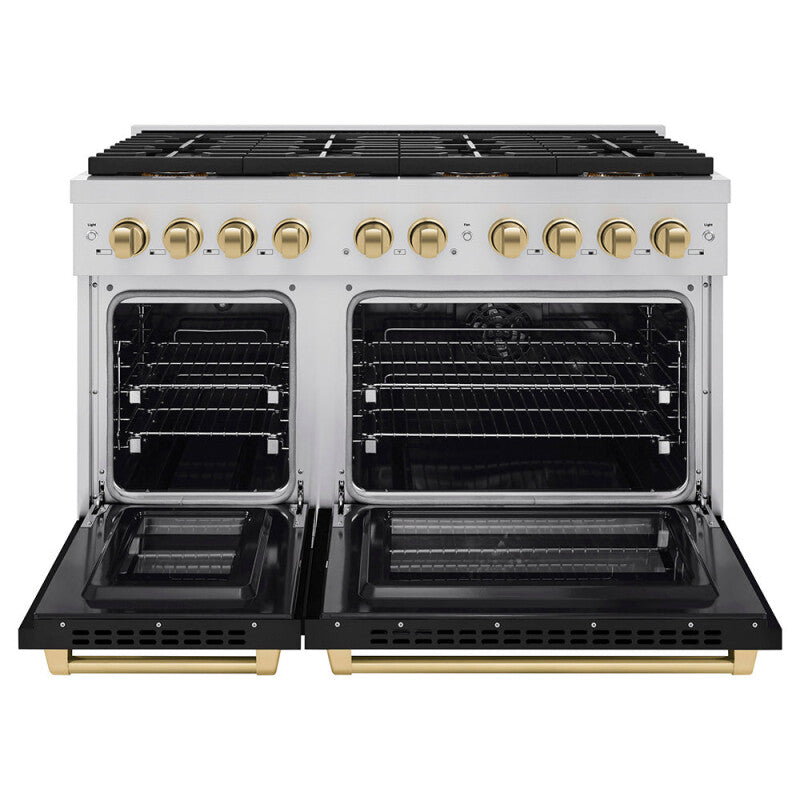 ZLINE Autograph Edition 48 in. 6.7 cu. ft. Paramount Dual Fuel Range with 8 Burner DuoPro™ Cooktop and Dual Ovens with Black Matte Doors and Champagne Bronze Accents (PSDRZ-BLM-48-CB) - (PSDRZBLM48CB) -