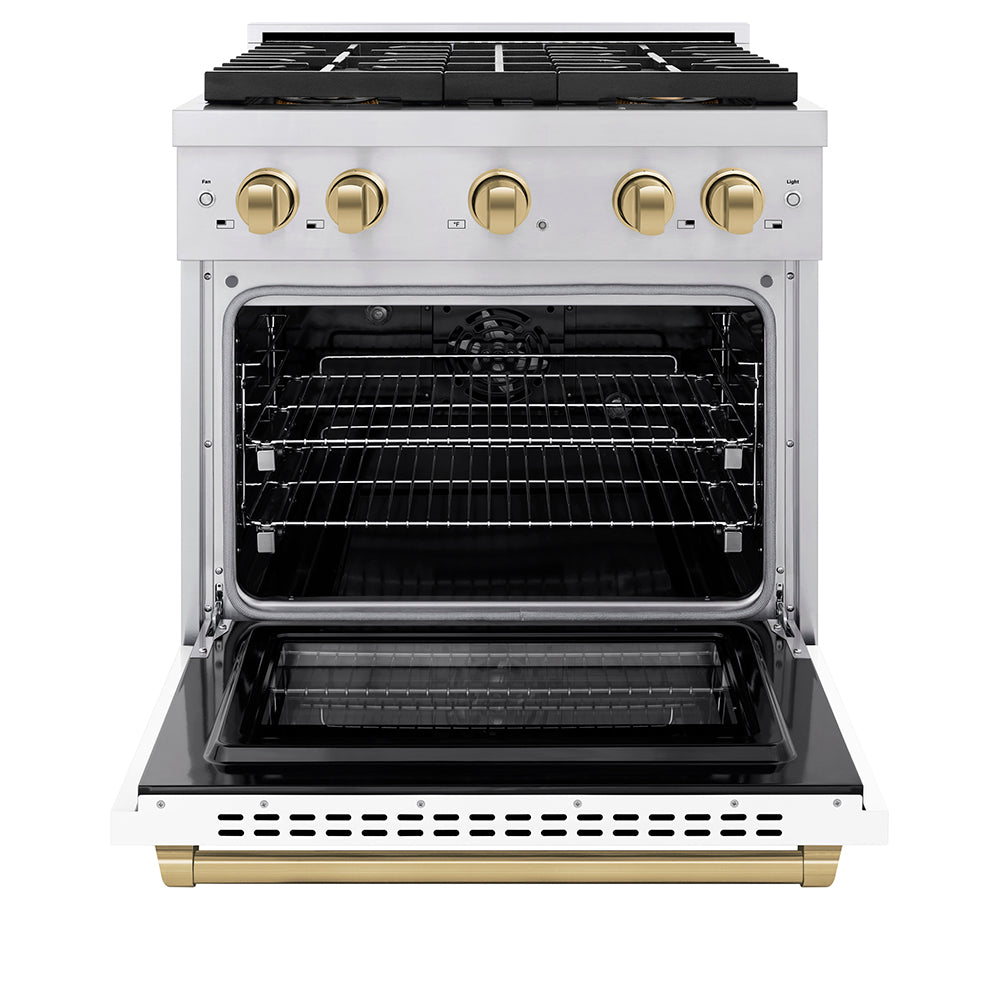 ZLINE Autograph Edition 30 in. 4.2 cu. ft. Paramount Dual Fuel Range with 4 Burner DuoPro™ Cooktop and Electric Convection Oven in Stainless Steel with White Matte Door and Champagne Bronze Accents (PSDRZ-WM-30-CB) - (PSDRZWM30CB) -