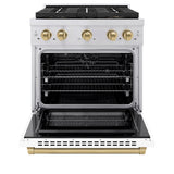 ZLINE Autograph Edition 30 in. 4.2 cu. ft. Paramount Dual Fuel Range with 4 Burner DuoPro™ Cooktop and Electric Convection Oven in Stainless Steel with White Matte Door and Champagne Bronze Accents (PSDRZ-WM-30-CB) - (PSDRZWM30CB) -