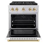ZLINE Autograph Edition 30 in. 4.2 cu. ft. Paramount Dual Fuel Range with 4 Burner DuoPro™ Cooktop and Electric Convection Oven in Stainless Steel with White Matte Door and Polished Gold Accents (PSDRZ-WM-30-G) - (PSDRZWM30G) -