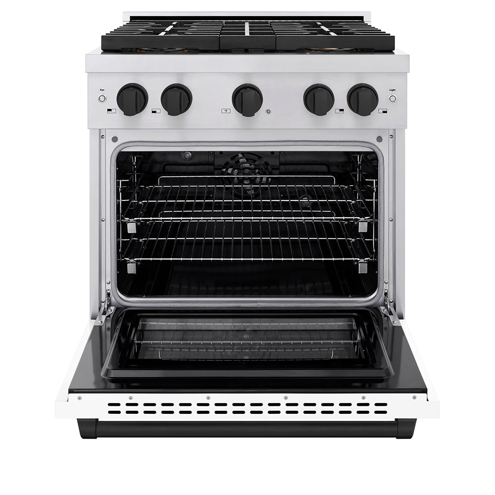 ZLINE Autograph Edition 30 in. 4.2 cu. ft. Paramount Dual Fuel Range with 4 Burner DuoPro™ Cooktop and Electric Convection Oven in Stainless Steel with White Matte Door and Matte Black Accents (PSDRZ-WM-30-MB) - (PSDRZWM30MB) -