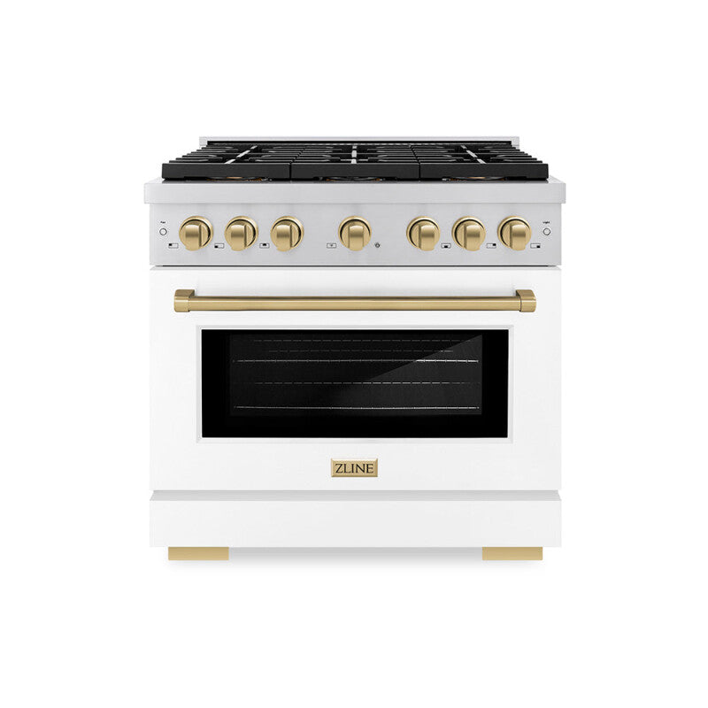 ZLINE Autograph Edition 36 in. 5.2 cu. ft. Paramount Dual Fuel Range with 6 Burner DuoPro™ Cooktop and Electric Convection Oven with White Matte Door and Champagne Bronze Accents (PSDRZ-WM-36-CB) - (PSDRZWM36CB) -