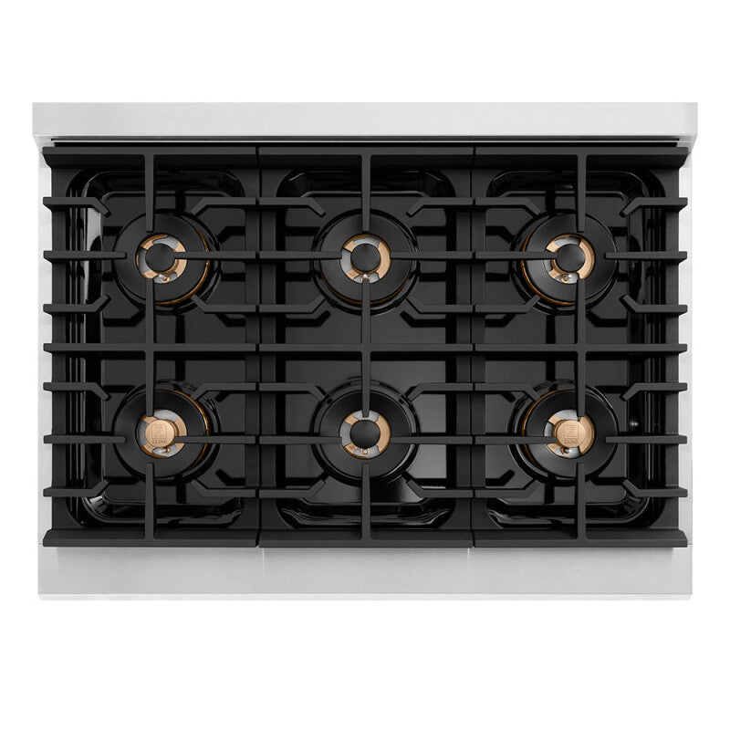 ZLINE Autograph Edition 36 in. 5.2 cu. ft. Paramount Dual Fuel Range with 6 Burner DuoPro™ Cooktop and Electric Convection Oven with White Matte Door and Champagne Bronze Accents (PSDRZ-WM-36-CB) - (PSDRZWM36CB) -