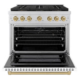 ZLINE Autograph Edition 36 in. 5.2 cu. ft. Paramount Dual Fuel Range with 6 Burner DuoPro™ Cooktop and Electric Convection Oven with White Matte Door and Champagne Bronze Accents (PSDRZ-WM-36-CB) - (PSDRZWM36CB) -