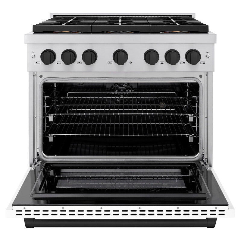ZLINE Autograph Edition 36 in. 5.2 cu. ft. Paramount Dual Fuel Range with 6 Burner DuoPro™ Cooktop and Electric Convection Oven with White Matte Door and Matte Black Accents (PSDRZ-WM-36-MB) - (PSDRZWM36MB) -