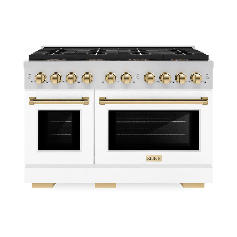 Autograph Edition 48 in. 6.7 cu. ft. Paramount Dual Fuel Range with 8 Burner DuoPro™ Cooktop and Dual Ovens with White Matte Doors and Polished Gold Accents - (PSDRZWM48G) -