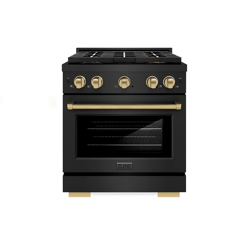 ZLINE Autograph Edition 30 in. 4.2 cu. ft. Paramount Gas Range with 4 Burner DuoPro™ Cooktop and Convection Gas Oven in Black Stainless Steel and Champagne Bronze Accents (PSGRBZ-30-CB) - (PSGRBZ30CB) -
