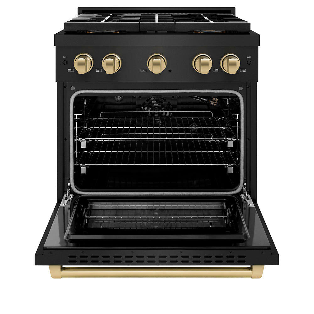 ZLINE Autograph Edition 30 in. 4.2 cu. ft. Paramount Gas Range with 4 Burner DuoPro™ Cooktop and Convection Gas Oven in Black Stainless Steel and Champagne Bronze Accents (PSGRBZ-30-CB) - (PSGRBZ30CB) -