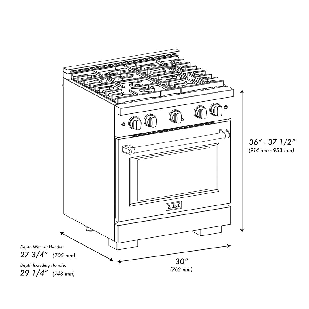 ZLINE Autograph Edition 30 in. 4.2 cu. ft. Paramount Gas Range with 4 Burner DuoPro™ Cooktop and Convection Gas Oven in Black Stainless Steel and Champagne Bronze Accents (PSGRBZ-30-CB) - (PSGRBZ30CB) -