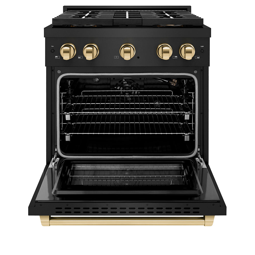 ZLINE Autograph Edition 30 in. 4.2 cu. ft. Paramount Gas Range with 4 Burner DuoPro™ Cooktop and Convection Gas Oven in Black Stainless Steel and Polished Gold Accents (PSGRBZ-30-G) - (PSGRBZ30G) -